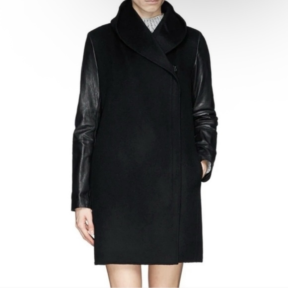 Vince Womens Wool Leather Double Faced Shawl Collar Black Coat Sz Medium Classic - Picture 1 of 14